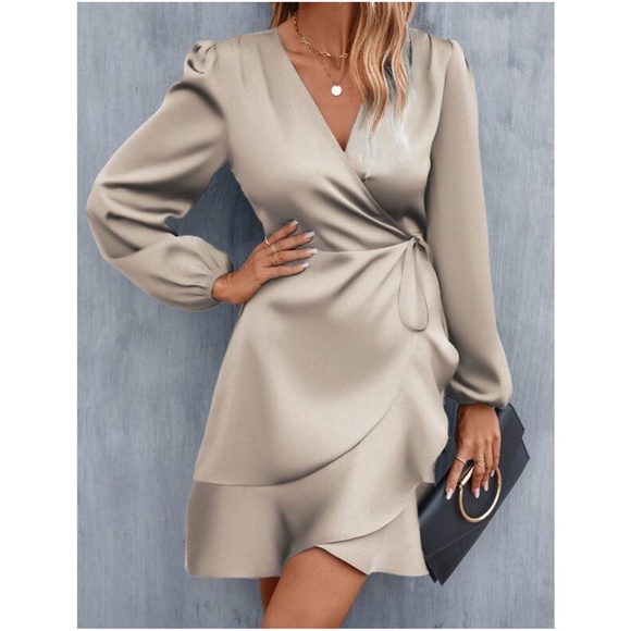 BellanBlue Dresses & Skirts - Luxe Satin Ruffle Swrap Mini Dress